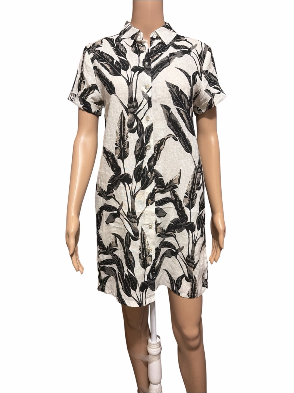 Rachel Zoe XS Black and White Tropical Leaf Print Shirt Mini Dress Short Sleeve